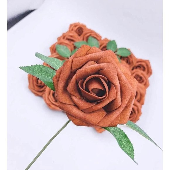 25 count | Burnt Orange Roses w/ Stems Leaves Wedding Party Bouquets Centerpiece - Picture 2 of 4